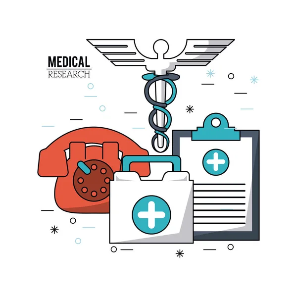 Affiche couleur recherche médicale avec symbole caducée et presse-papiers médicaux et téléphone et trousse de premiers soins — Image vectorielle