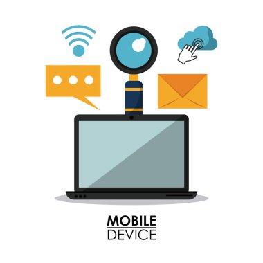 Beyaz arka plan afiş dizüstü bilgisayar ve ortak simgeleri ile mobil cihazlar