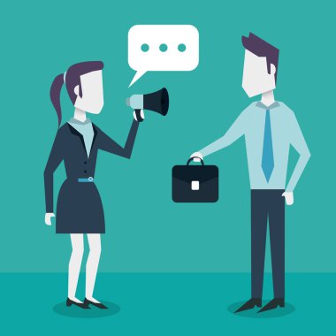 megafon ile evrak çantası ve onu iş adamları ve onun arasında diyalog ile renkli arka plan