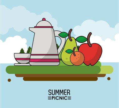 cennet arka plan posterin yaz piknik açık peyzaj kahve kavanoz ve meyve ile