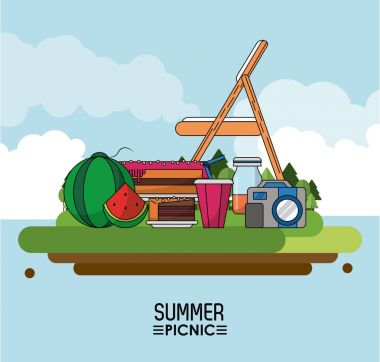 Yaz piknik cennet arka plan poster sandalye ve karpuz ve pasta ve içecek ve kamera fotoğraf açık peyzaj ile