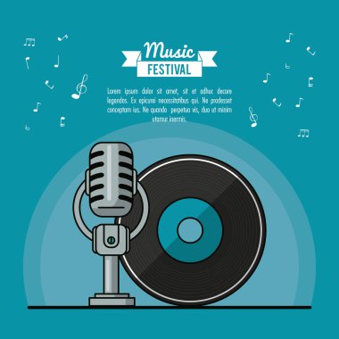 Poster Müzik Festivali vinil lp kayıt ve mikrofon ile mavi arka plan
