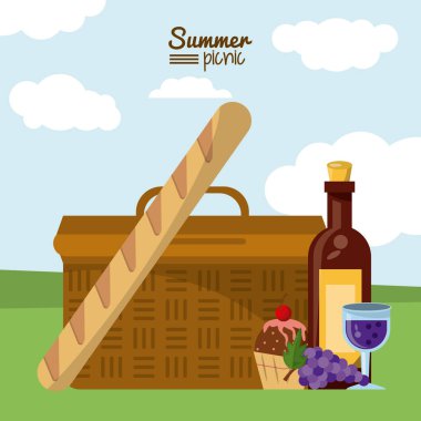 piknik sepeti ve Fransız ekmeği ve tatlı ve şarap şişesi ile açık peyzaj ile yaz piknik renkli poster