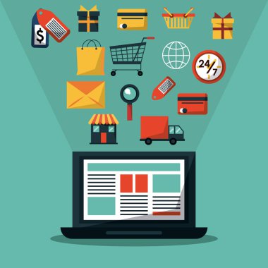 dizüstü bilgisayar ve ortak online alışveriş simgeleri ile renkli arka plan