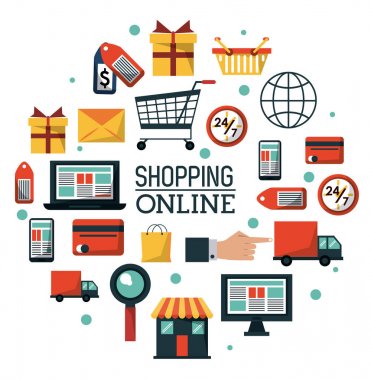 renkli poster ortak online alışveriş simgeleri ile online alışveriş