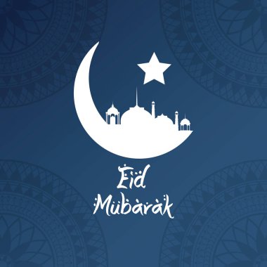 renk arka plan geometrik Arapça süsleme siluet moon Eid Mubarak Camii ile ile mavi ve çizilen hat yazı yıldız ile el