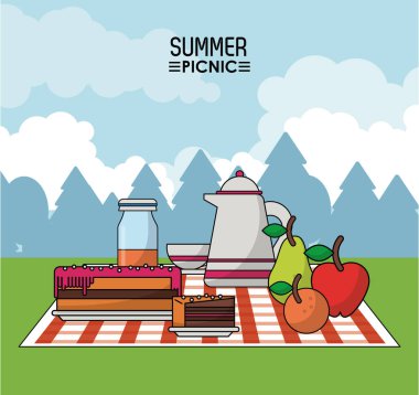 Yaz piknik masa örtüsü pasta ve meyve ve kahve kavanoz olarak gıda ile açık peyzaj ile renkli poster