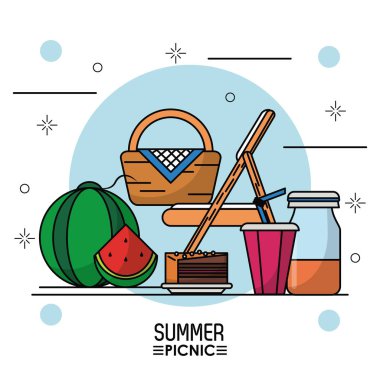 Beyaz arka plan yaz pikniği ile sandalye ve karpuz ve pasta ve meyve suyu şişesi üzerinde piknik sepeti yıldızlı posteri