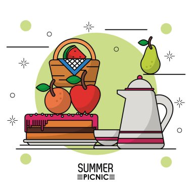 Beyaz arka plan yıldızlı posterin piknik sepeti meyve ve kek ve kahve kavanoz ile yaz pikniği