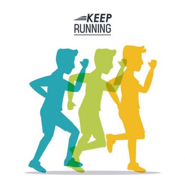posterin beyaz arka plan erkek sporcular renkli siluetleri ile koşmaya devam