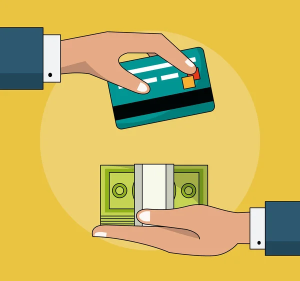 A készpénz és a bankkártya tranzakció színes háttérrel — Stock Vector