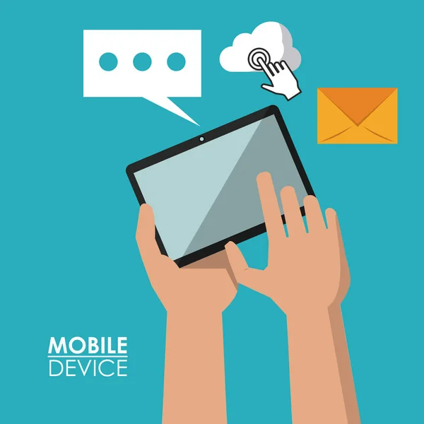 Barevný plakát mobilních zařízení s rukama držení tabletu a běžné ikony v pozadí — Stockový vektor
