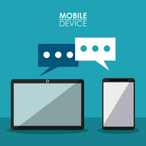 Colorido cartel dispositivo móvil con comunicación entre el teléfono inteligente y la tableta — Vector de stock