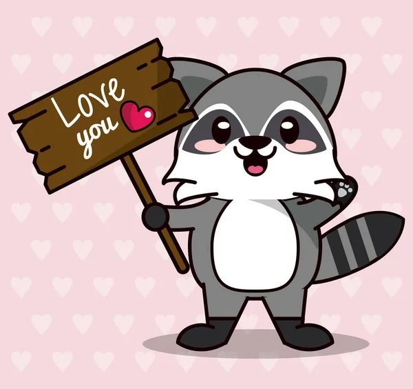 粉红色的背景与心剪影和可爱的可爱动物浣熊站在木标志爱你和心脏 — 图库矢量图片