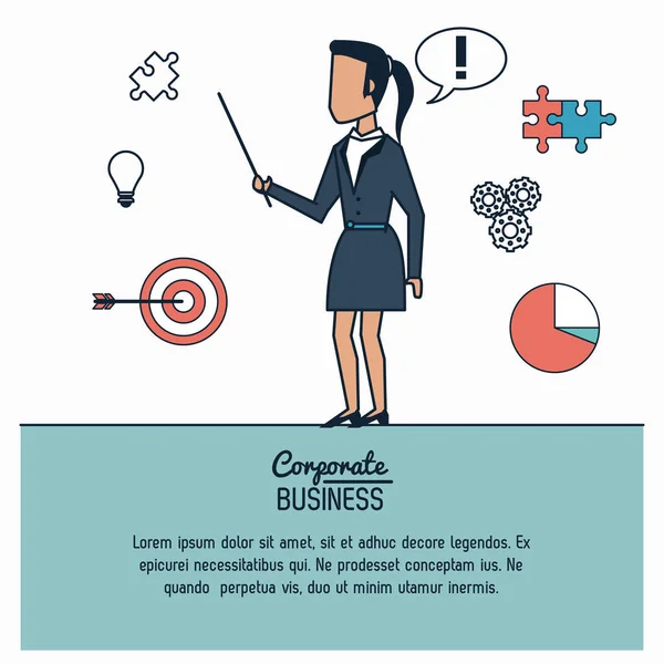 Colorida infografía de negocios corporativos con ideas exponentes mujer de negocios — Vector de stock