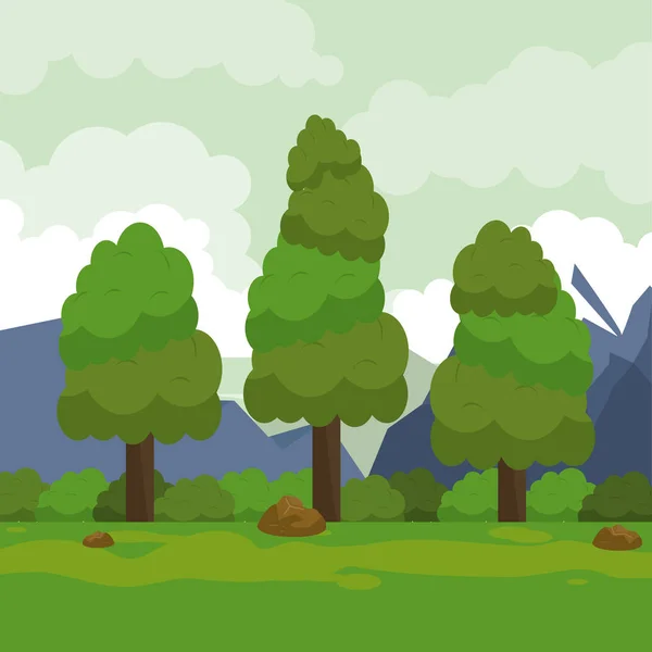 Barevné pozadí s letoviskem s horami a stromy — Stockový vektor