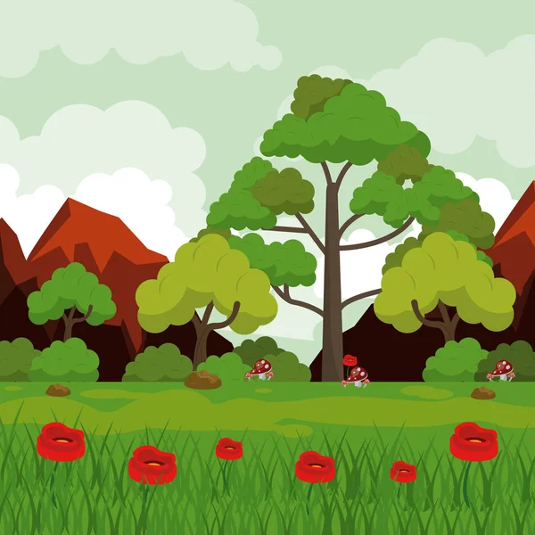 Fundo colorido com paisagem de montanhas rochosas e árvores e campo de flores vermelhas — Vetor de Stock