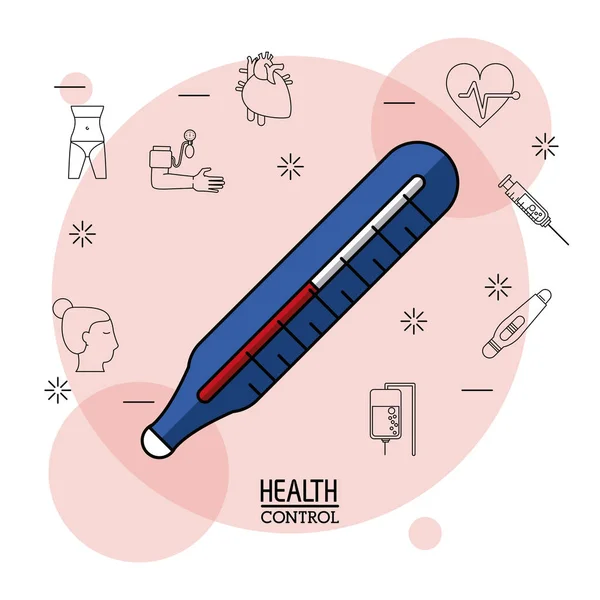 Poster sfondo bianco con icone silhouette nere di controllo sanitario sullo sfondo e termometro colorato in primo piano — Vettoriale Stock