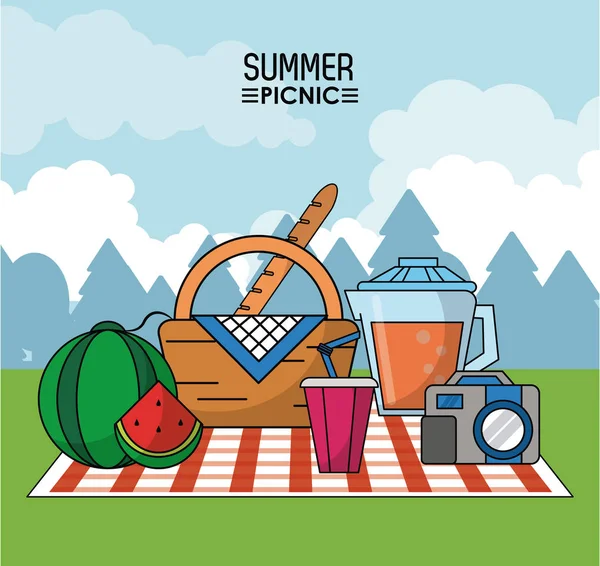 Cartel colorido de picnic de verano con paisaje al aire libre y cesta de picnic en mantel con sandía y jugo tarro y cámara fotográfica — Archivo Imágenes Vectoriales