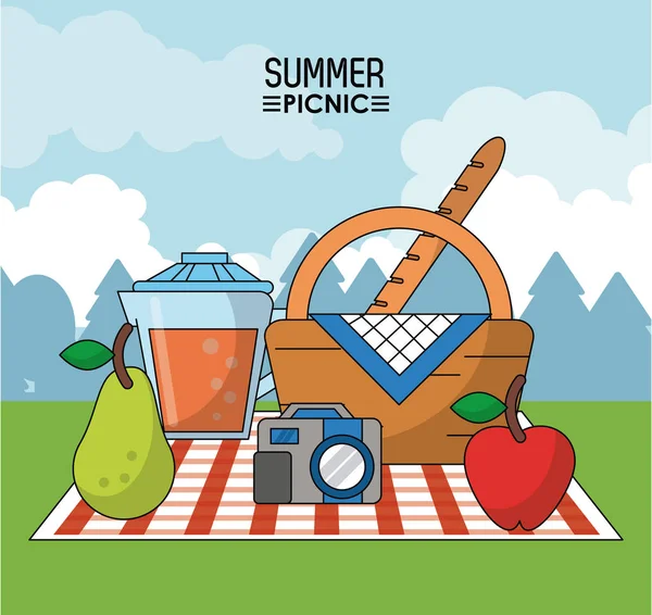 Cartel colorido de picnic de verano con paisaje al aire libre y cesta de picnic en mantel con pera y jugo tarro y cámara fotográfica — Vector de stock