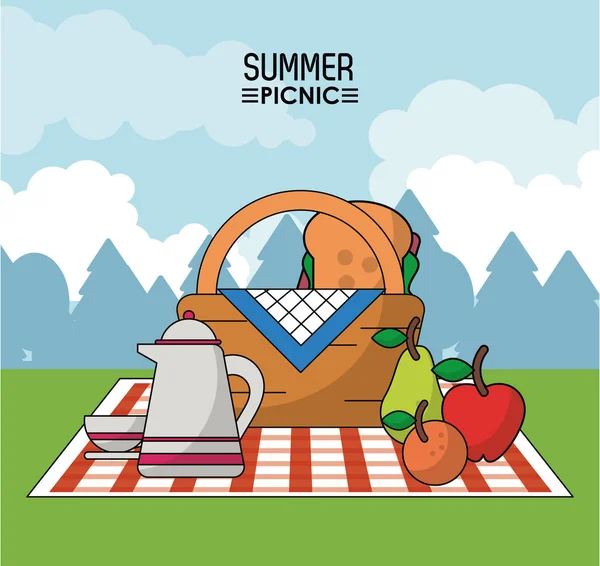 Cartel colorido de picnic de verano con paisaje al aire libre y cesta de picnic en mantel con frasco de café y frutas y sándwich — Archivo Imágenes Vectoriales