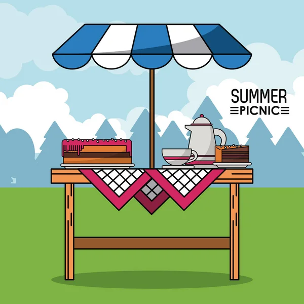 Kleurrijke poster van zomerpicknick met outdoor landschap en tafel met parasol en taart en koffie pot met cup — Stockvector