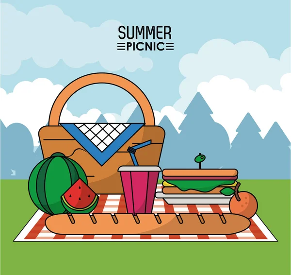 Cartel colorido de picnic de verano con paisaje al aire libre y cesta de picnic en mantel con sandía y sándwich y bebida — Vector de stock