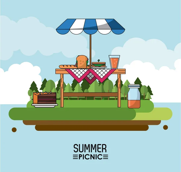 Ciel fond affiche de pique-nique d'été avec paysage extérieur de table avec parasol et des aliments — Image vectorielle
