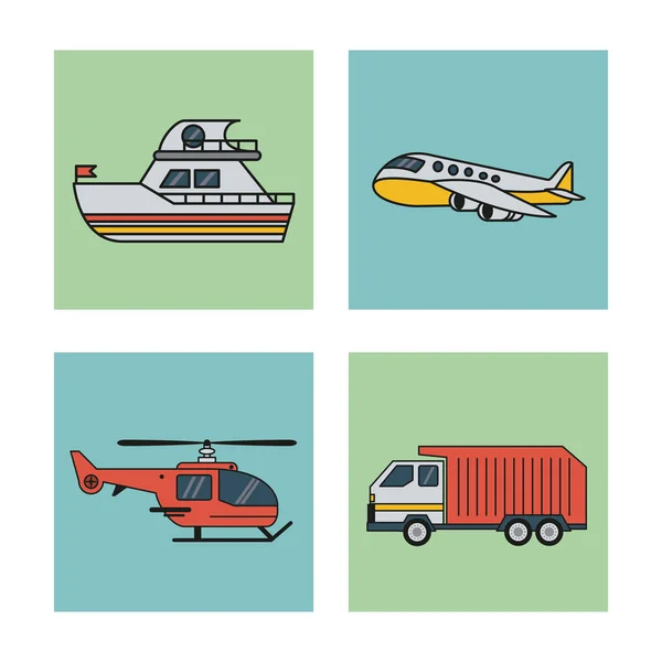Fondo blanco con el sistema cuadrado de vehículos del helicóptero y del camión del avión del barco del transporte — Vector de stock