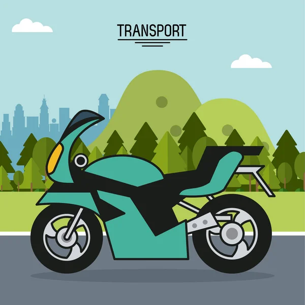 Cartaz colorido de transporte com motocicleta na paisagem ao ar livre — Vetor de Stock