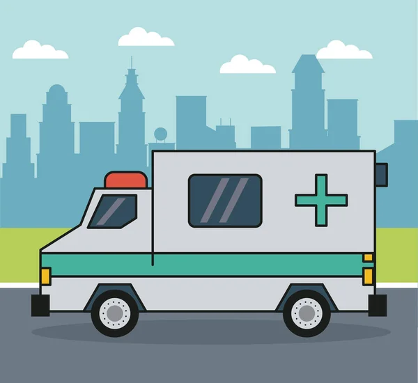 Bunter Hintergrund mit Krankenwagen am Stadtrand — Stockvektor