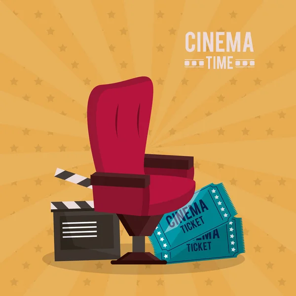 Affiche colorée du temps de cinéma avec clapperboard et chaise et billets — Image vectorielle