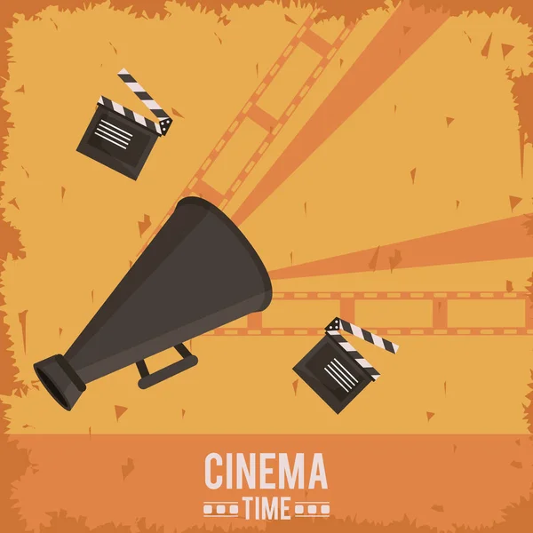 Kleurrijke poster van cinema tijd met film tape in achtergrond en Filmklapper en directeur megafoon — Stockvector
