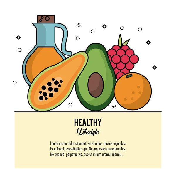 gıdalar zeytin yağı ve meyve papaya üzüm ve portakal ve avokado renkli poster sağlıklı yaşam tarzı ile ayarla