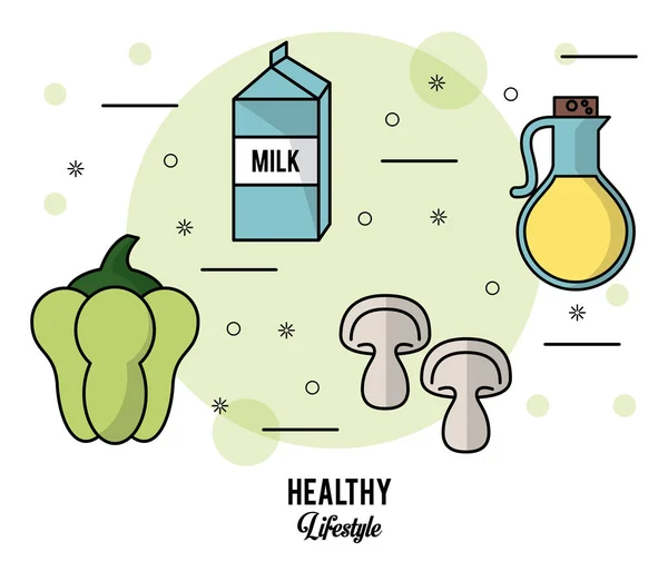 Cartaz colorido estilo de vida saudável com conjunto de alimentos caixa de leite pimentas cogumelo e azeite —  Vetores de Stock