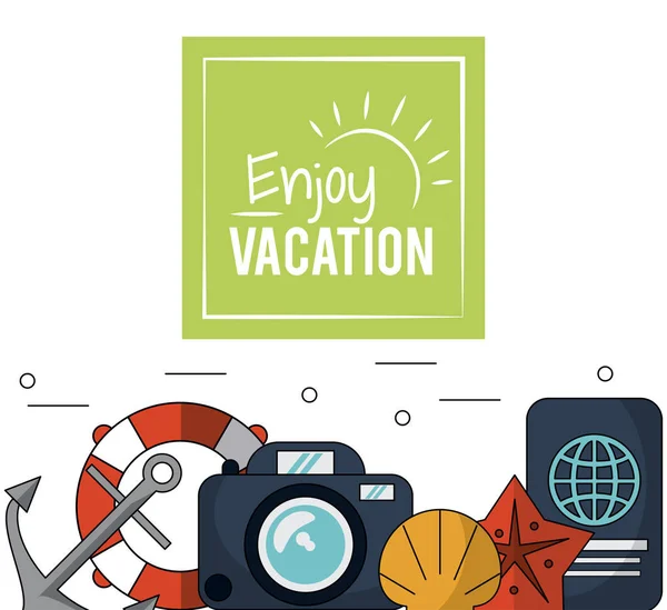 Color poster of enjoy vacation with anchor and flotation hoop and camera and passport — Stock Vector