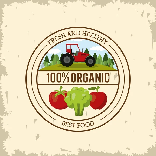 Красочный логотип свежих и здоровых органических продуктов питания с трактором и овощами — стоковый вектор