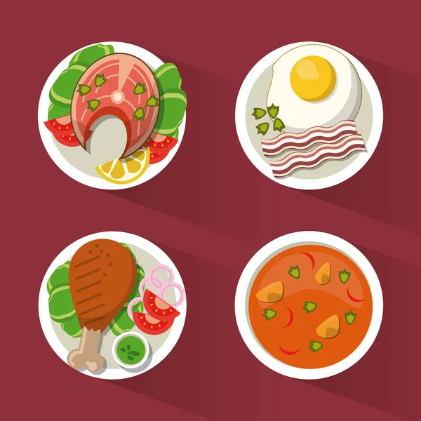 Красочный фон с блюдами из курицы и рыбы, суп и яйцо — стоковый вектор