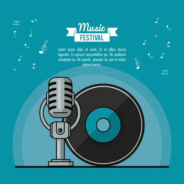 Poster Musikfestival in blauem Hintergrund mit Schallplatte und Mikrofon — Stockvektor