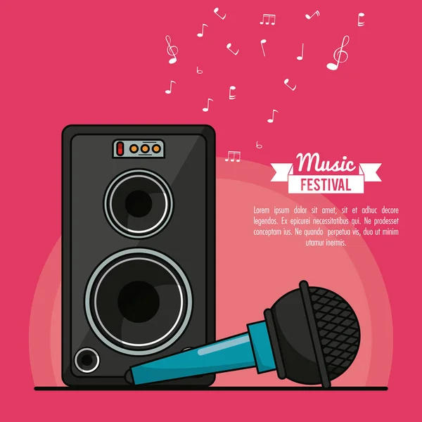 Cartel del festival de música en fondo magenta con caja de altavoces y micrófono — Vector de stock
