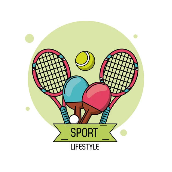 Cartel colorido de estilo de vida deportivo con elementos de tenis y ping pong — Vector de stock