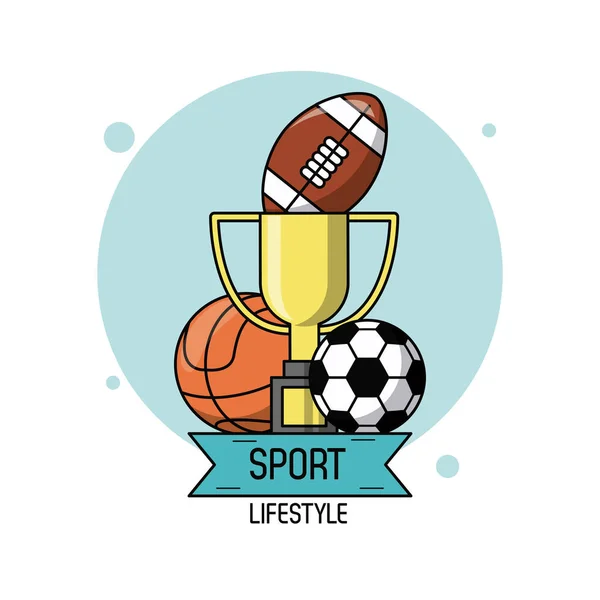 Barevný plakát Sportovní životní styl s trofejí a míče na fotbal a basketbal a fotbal — Stockový vektor