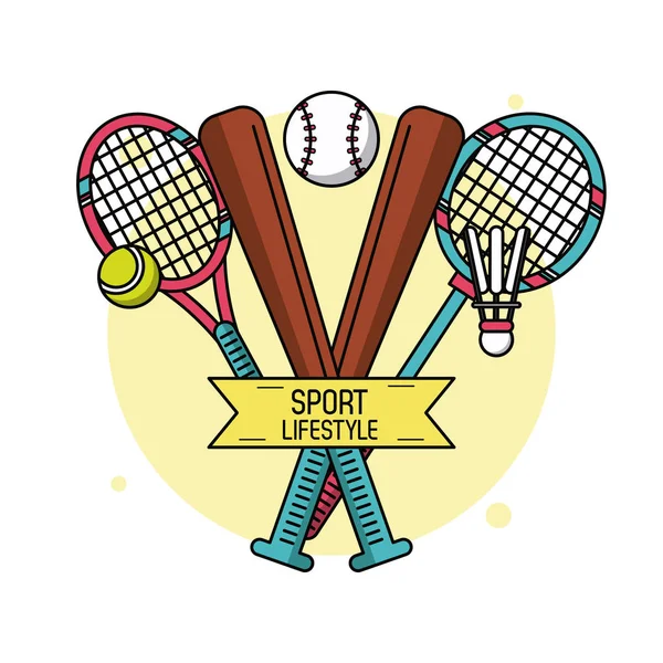 Cartel colorido de estilo de vida deportivo con bates de béisbol y raquetas de tenis y bádminton — Vector de stock