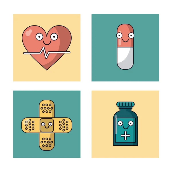 白色背景与心脏脉冲和药片的一套框架和禁止的援助和药瓶 — 图库矢量图片