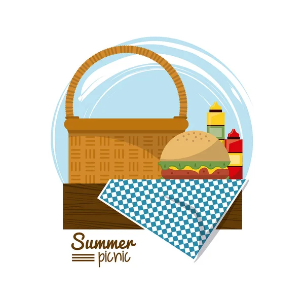 Logo coloré pique-nique d'été avec panier de pique-nique sur la table sur la nappe avec hamburger et sauces — Image vectorielle