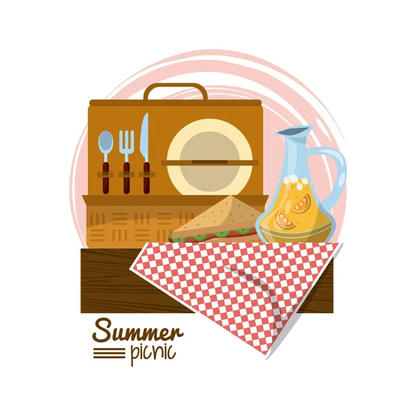 Kleurrijke logo zomerpicknick met picknickmand op tafel over tafelkleed met sandwich en sap pot — Stockvector