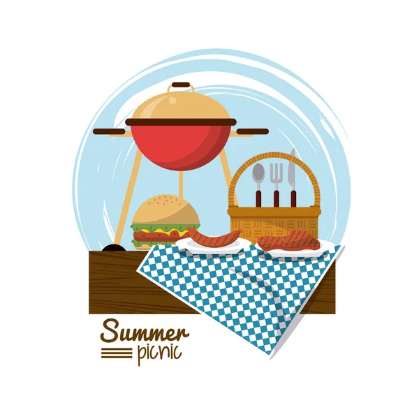 Logo coloré pique-nique d'été avec barbecue au charbon et hamburger et panier de pique-nique sur la nappe — Image vectorielle
