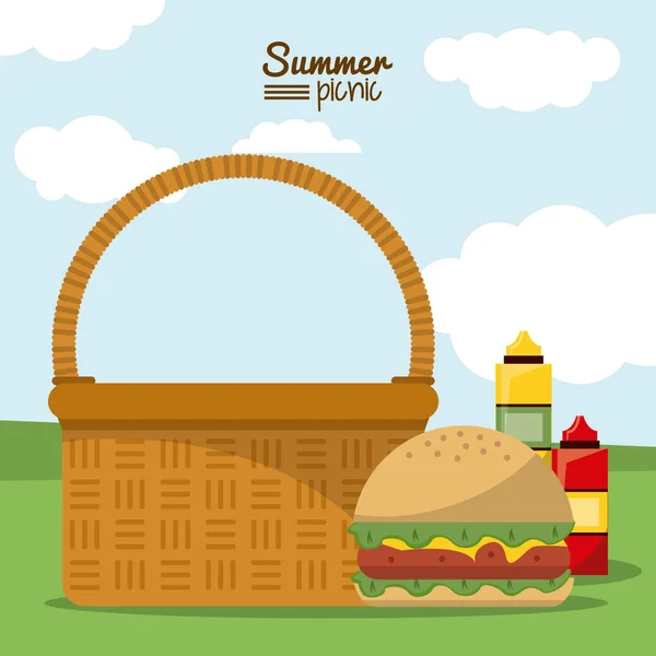 Färgglad affisch av sommar picknick med utomhus landskap med picknickkorg med hamburgare och såser — Stock vektor