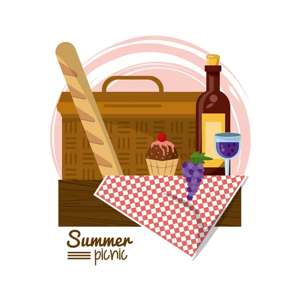 Colorido logo picnic de verano con cesta de picnic en la mesa sobre mantel con pan francés y postre y botella de vino — Archivo Imágenes Vectoriales