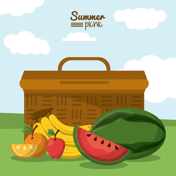 Kleurrijke affiche zomer picknick met outdoor landschap met picknick mand en tropische vruchten — Stockvector